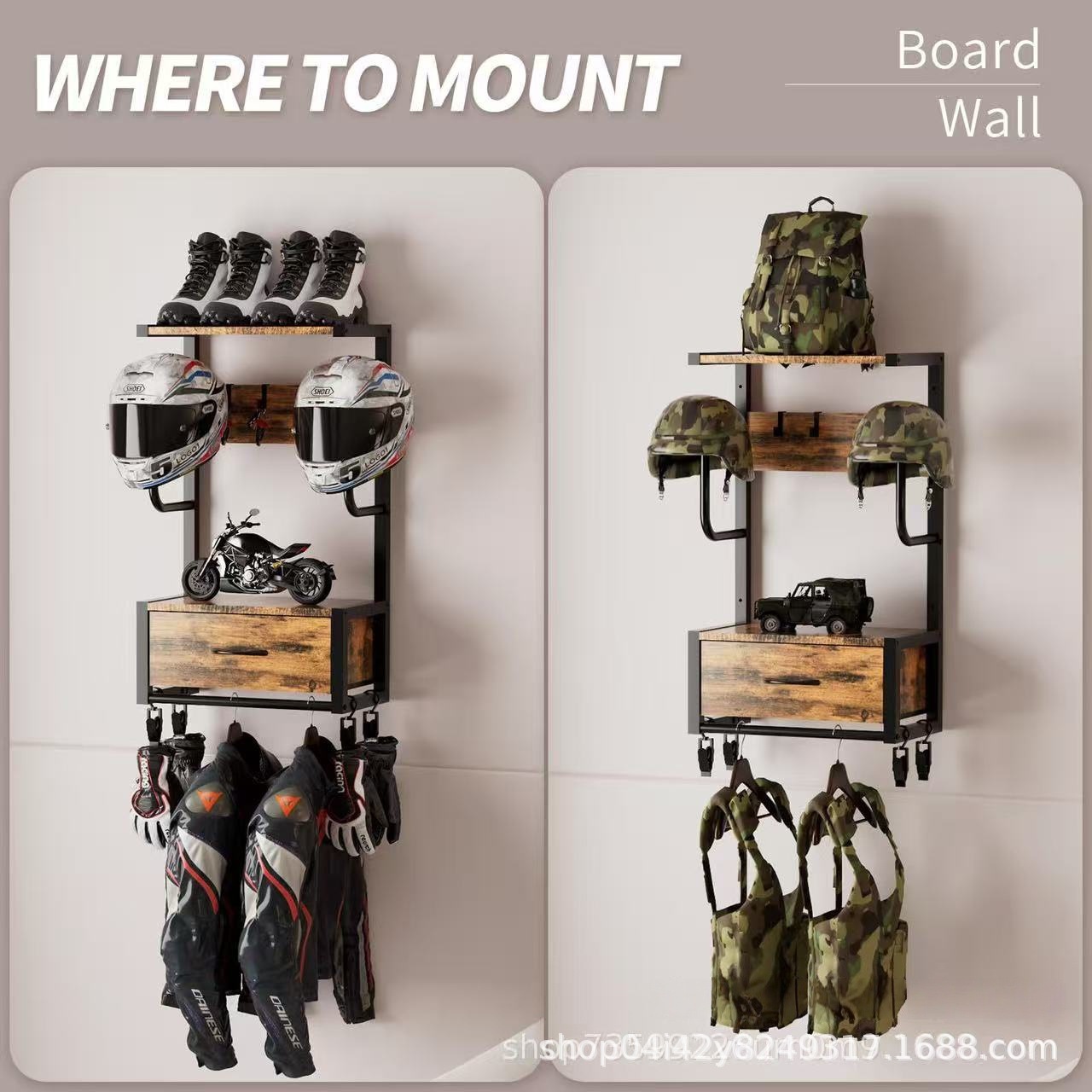 Wooden Motorcycle Helmet Holder Wall-Mounted Helmet Stand with Helmet Rack Riding Gear Accessories Storage Organizer