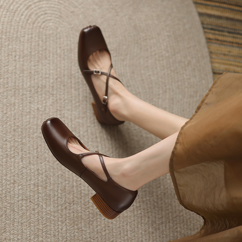 Autumn universal vintage retro Mary Jane shoes square toe