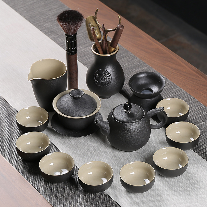 Household Thick Black Pottery Kung Fu Tea Set Covered Bowl Set Tea Cup Side Handle Pot Teapot Chinoiserie Office Living Room