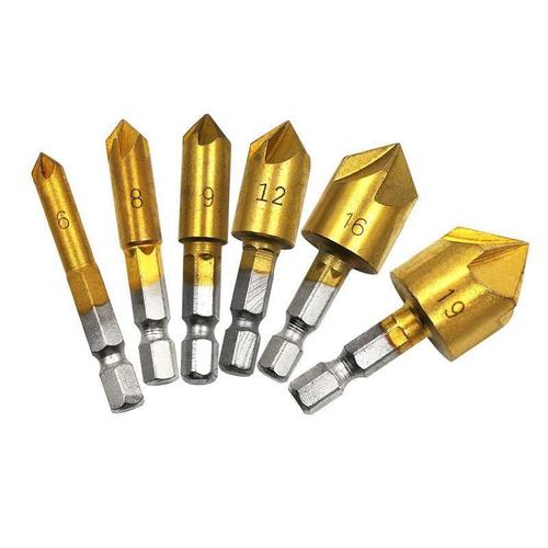 Cross-border hexagonal handle titanium-plated five-edged chamfering tool 6-19mm woodworking chamfering knife set 6pcs woodworking hole opener