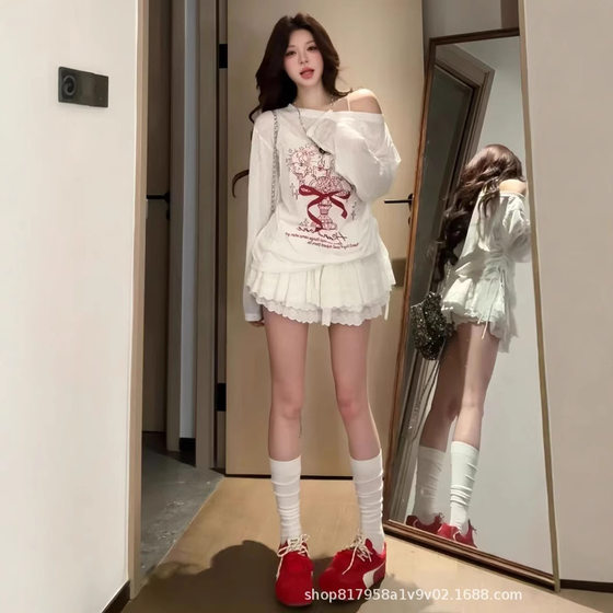 Sweet Spice Girl Graffiti Print White Oblique Off-shoulder Long-sleeved Blouse T-shirt Women's Summer Design Sense Niche Drawstring Top