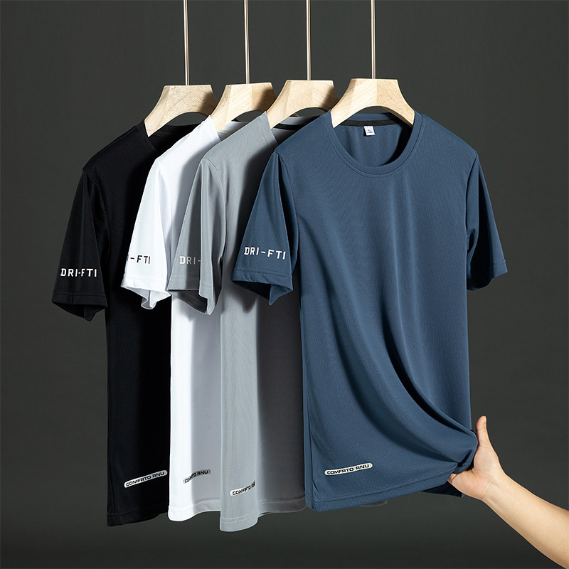 2023 Ice Silk Short-sleeved T-shirt Men's Thin Quick-drying Short-sleeved Ice-feeling Sports plus size Simple All-match Solid Color Base Shirt