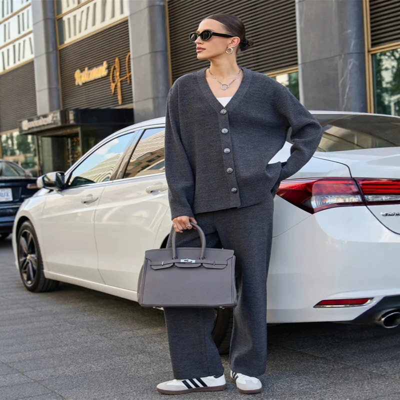 European and American Cross-Border Sweater Set for Women, Autumn and Winter Loose Lazy Style V-Neck Knitted Cardigan Jacket and Wide-Leg Long Pants Two-Piece Set European and American Cross-Border Sweater Set for Women, Autumn and Winter Loose Lazy Style V-Neck Knitted Cardigan Jacket and Wide-Leg Long Pants Two-Piece Set