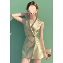 2024夏季气质女装绿色无袖缎面连衣裙高端精致小个子职业西装短裙