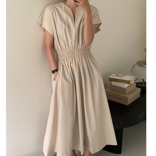 2024 Summer New Commuter Paper Elegant Slim-fit V-neck Simple Sleeve Waisted dress Long Skirt
