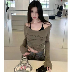 【260グラムモーデール1*1】純欲ギャル一字肩アルファベットプリント長袖tシャツ女性秋修身カバー