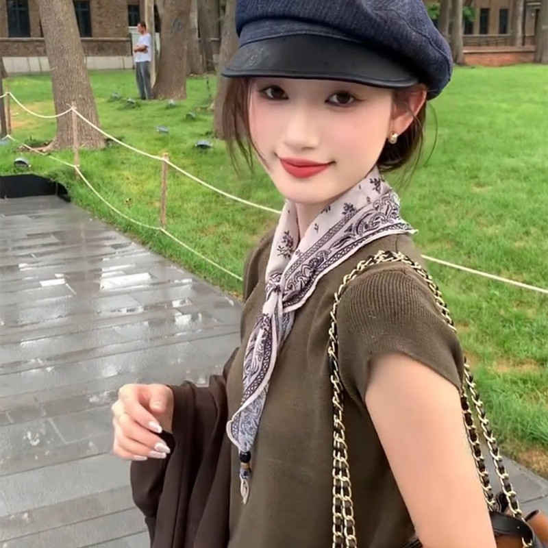 小香风轻奢米白色腰果花串珠丝巾女个性气质系脖领巾时尚百搭颈饰|undefined