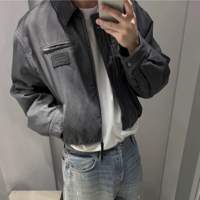 Ac Retro Barn Style Leather Collar Logo Drop Shoulder Long Sleeve Bomber Jacket Cotton Short Jacket Jacket for Men and Women Ac Retro Barn Style Leather Collar Logo Drop Shoulder Long Sleeve Bomber Jacket Cotton Short Jacket Jacket for Men and Women