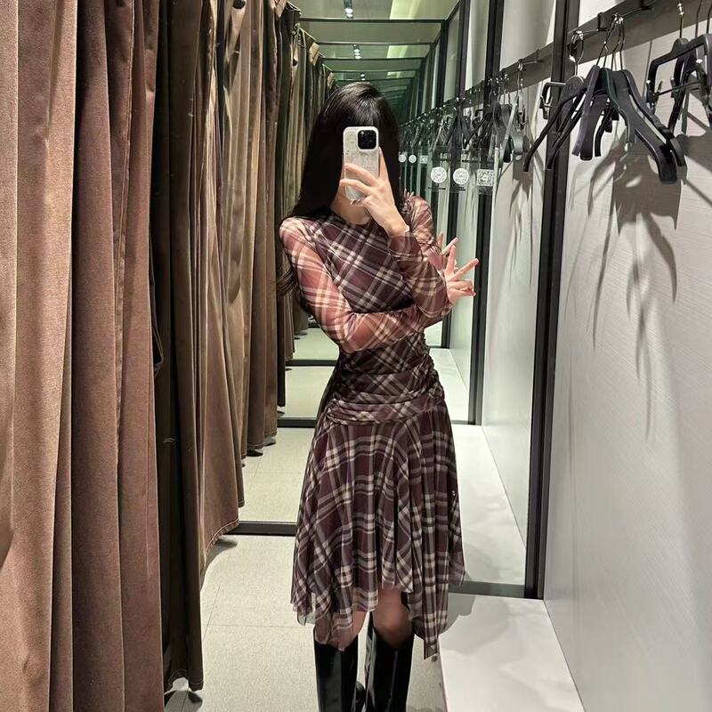 2025 New Summer Retro Irregular Lace-Up Long-Sleeved Plaid Elegant Waist Slimming Skirt Plaid Dress 2025 New Summer Retro Irregular Lace-Up Long-Sleeved Plaid Elegant Waist Slimming Skirt Plaid Dress