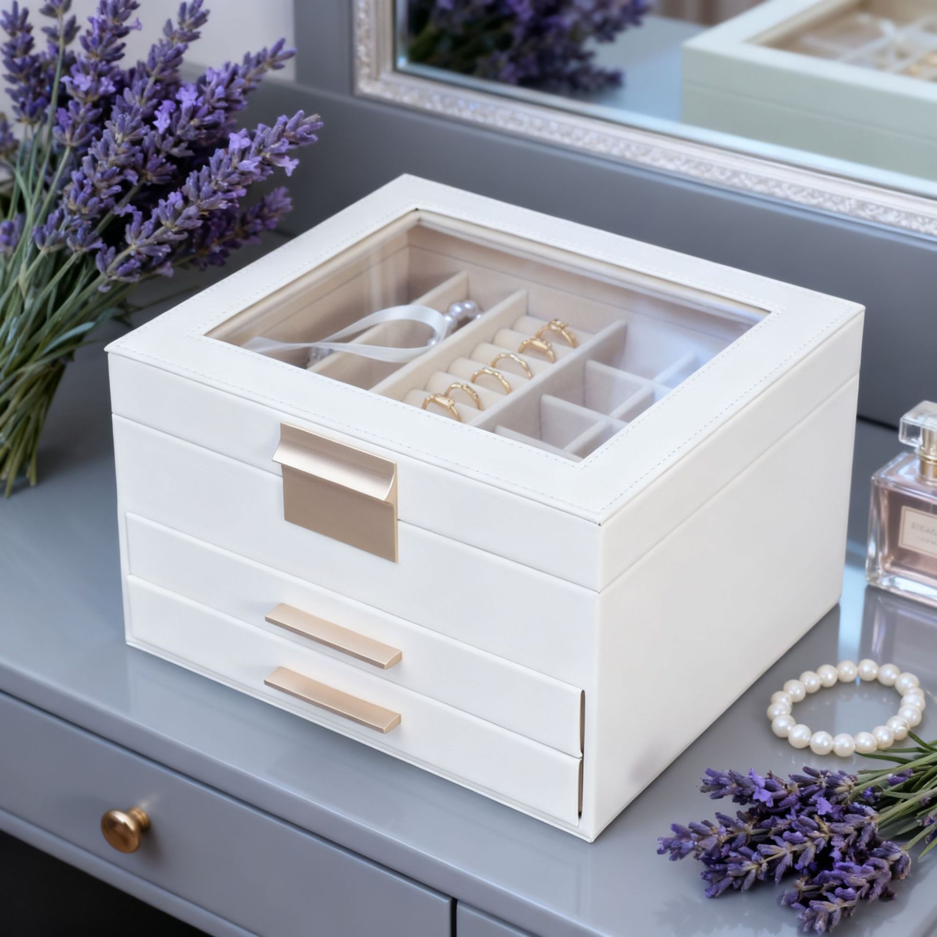 New Jewelry Box Transparent Jewelry Display Box Necklace Ring Watch Jewelry Storage Box with Drawer Light Luxury Leather