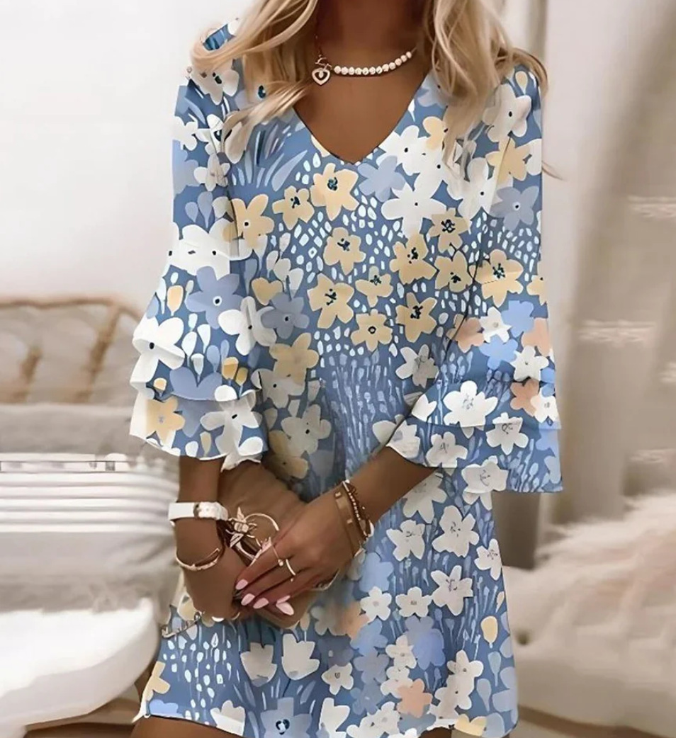 Nuevo estilo transfronterizo europeo y americano Amazon AliExpress Wish estampado fresco con cuello en V 3/4 manga mini vestido de mujer image 28
