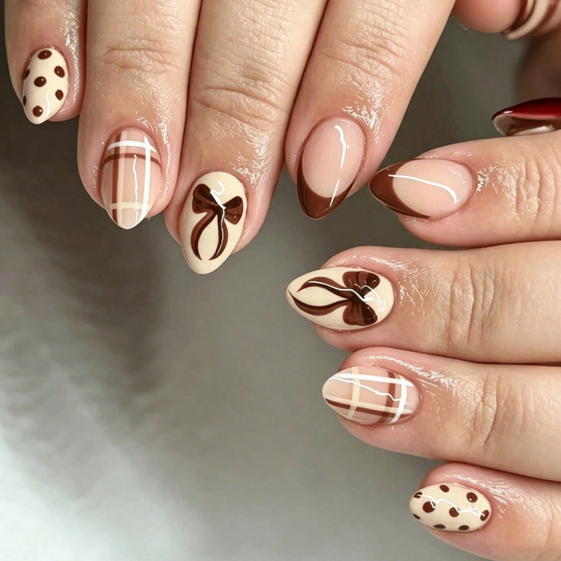Cross-border vintage brown bowknot press-on nails, hand-painted plaid polka dot almond-shaped fake nails, finished nail art pieces wholesale Cross-border vintage brown bowknot press-on nails, hand-painted plaid polka dot almond-shaped fake nails, finished nail art pieces wholesale