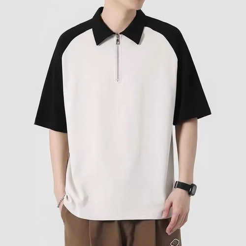 Summer 2025 Trend Collared Loose Short Sleeve Men's Fashion Colorblock Half Zip Polo Shirt Casual T-Shirt
