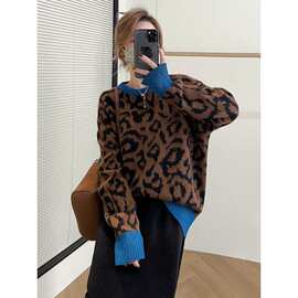 秋冬新款豹纹毛衣女宽松外穿慵懒风设计感套头拼接百搭针织衫上衣