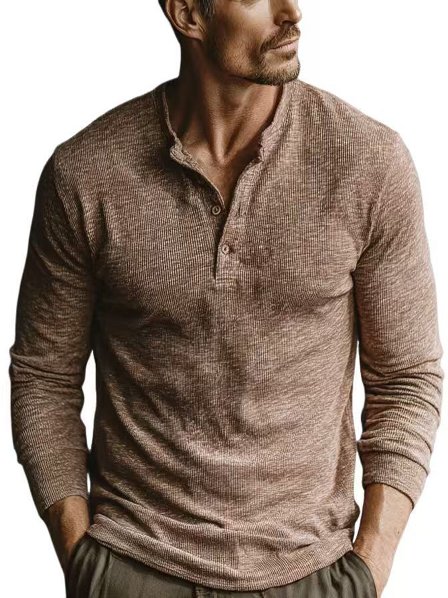 Camiseta de cuello redondo casual para hombres musculosos locos camisa Henry para hombres delgados, mangas largas sólidas y blusas para hombres transfronterizas image 1