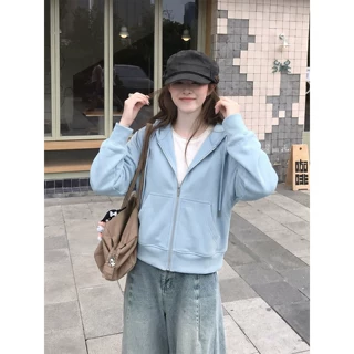 蓝色松弛感短款上衣女款秋季小个子长袖拉链开衫韩系连帽卫衣外套