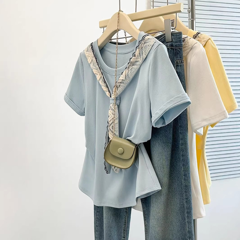 2026 Summer New Fashion 100kg Plus-Size Women's Fashion Youthful Lace Shawl Shoulder-Length Short-Sleeve T-Shirt Versatile