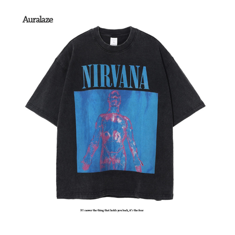 American-style High Street Metal Band NIRVANA Angel Wash Water Old plus size Printed Short-sleeved T Couple Vintage Men and Women