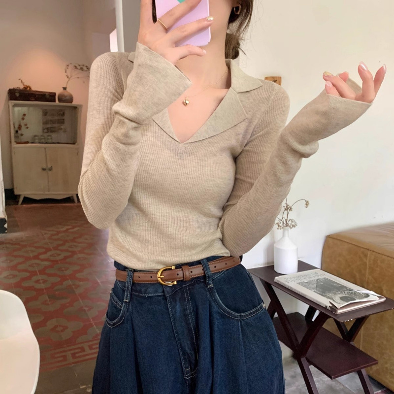 High-grade Threaded Lapel Knitted Sweater Women's Spring Autumn and Winter Collar French All-match Long-sleeved Base Top