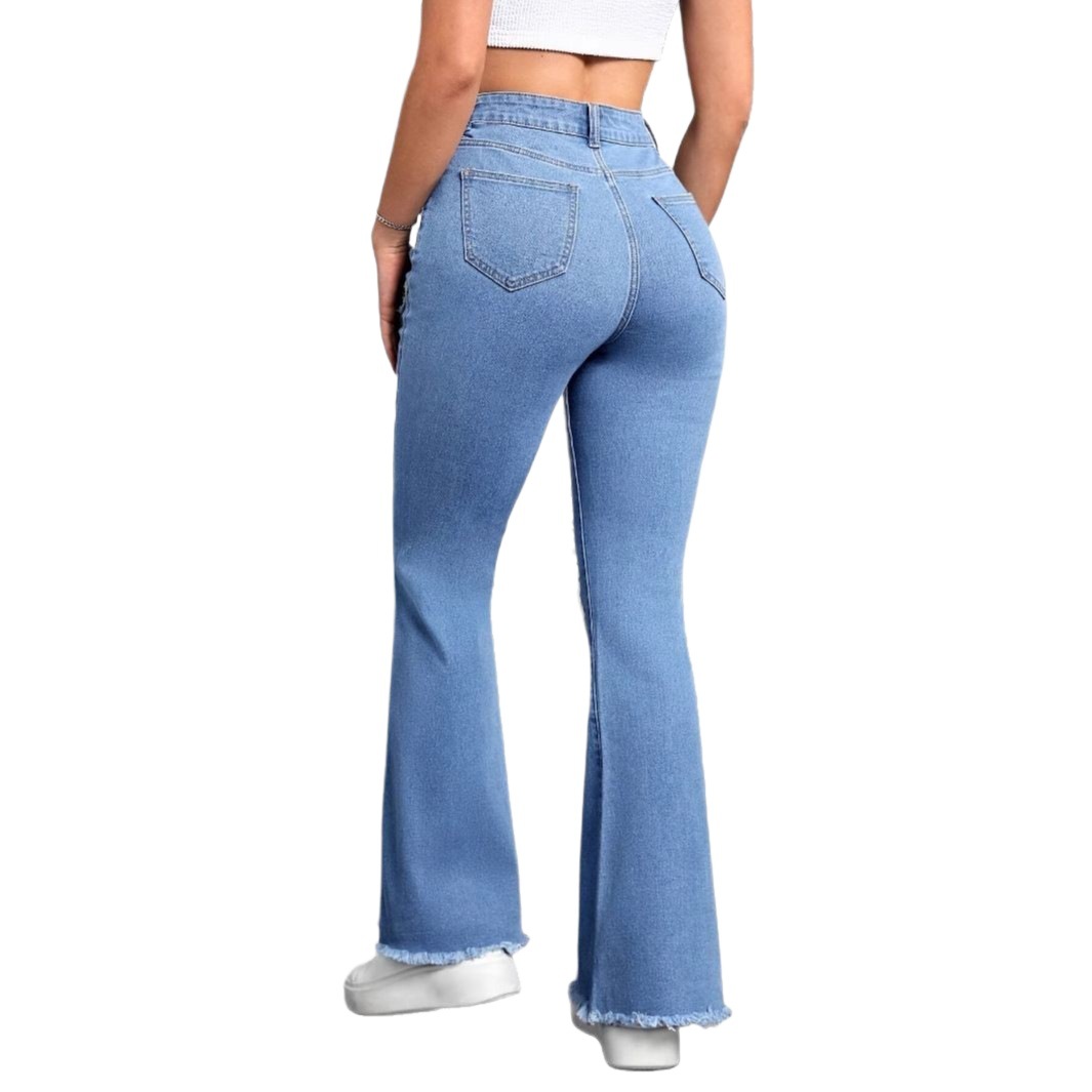 Women's Stretchy Flared Jeans With Heart Embroidery & Distressed Details - High Waist Bell Bottom Pants In Light Blue_ecoleips.com