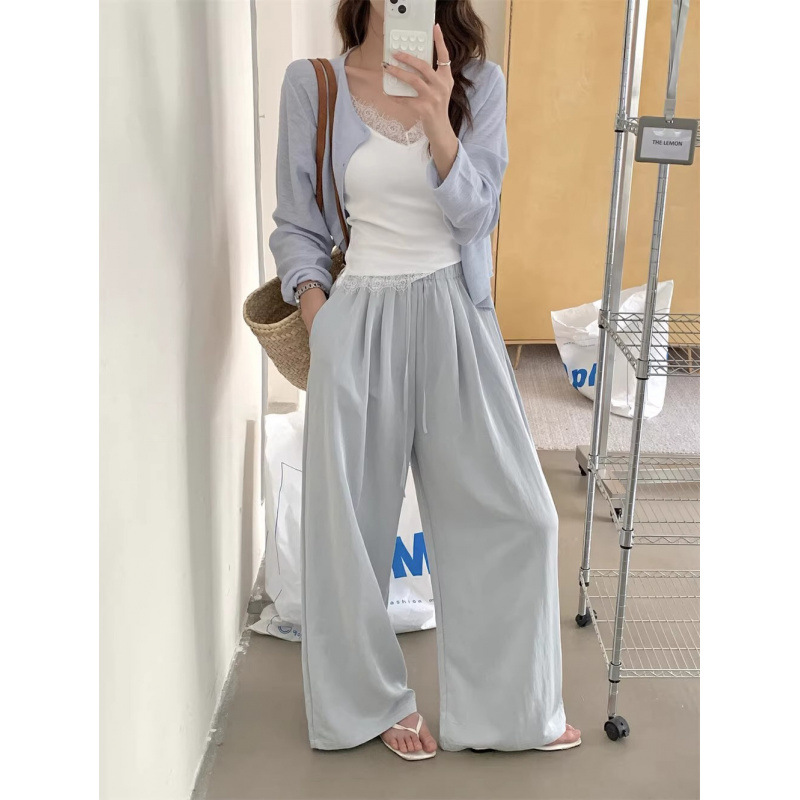 日系蓝色高腰休闲皱感阔腿裤女夏季慵懒松弛垂感直筒奶皮裤山本裤