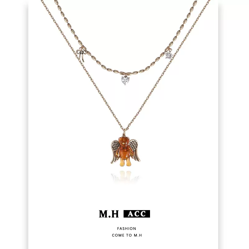 双层叠戴天使小熊项链女可爱轻奢高级感原创设计锁骨链甜酷风颈链