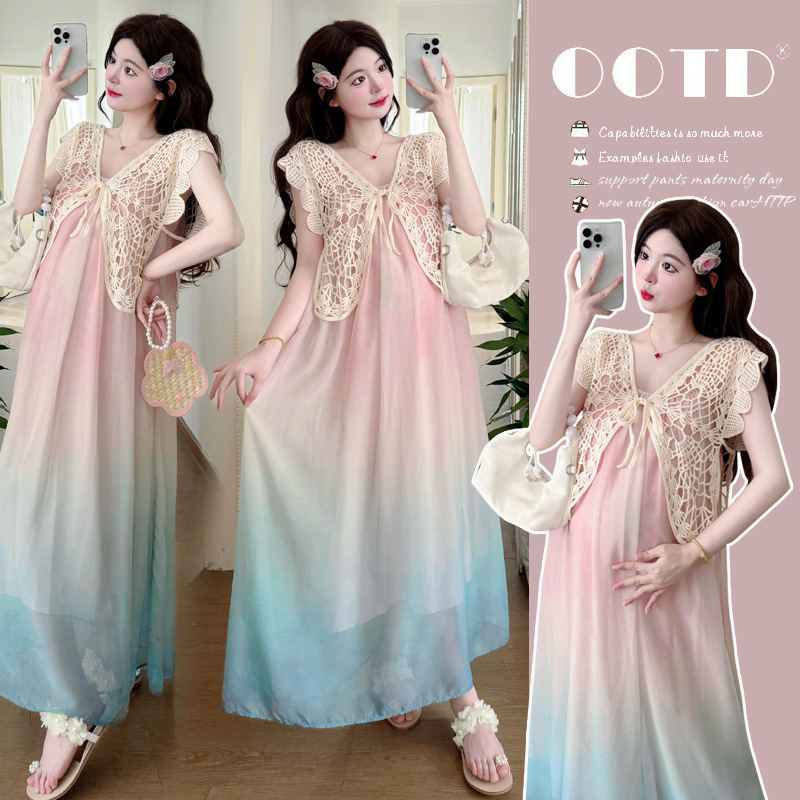 Fairy Style Gradient Tulle Sling Pregnant Women's Dress French Super Fairy Beautiful Seaside Holiday Beach Pregnant Women's Dress