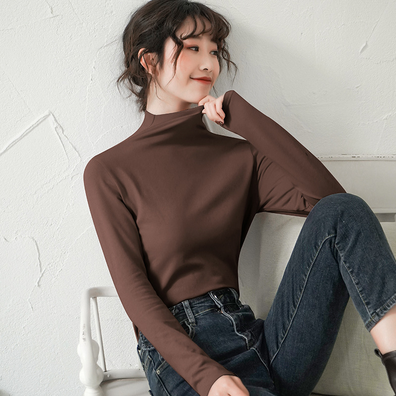 Cotton Half-high Collar Base Shirt Women's Autumn and Winter New Slim-fit Stylist Inner Top All-match Long-sleeved T-shirt