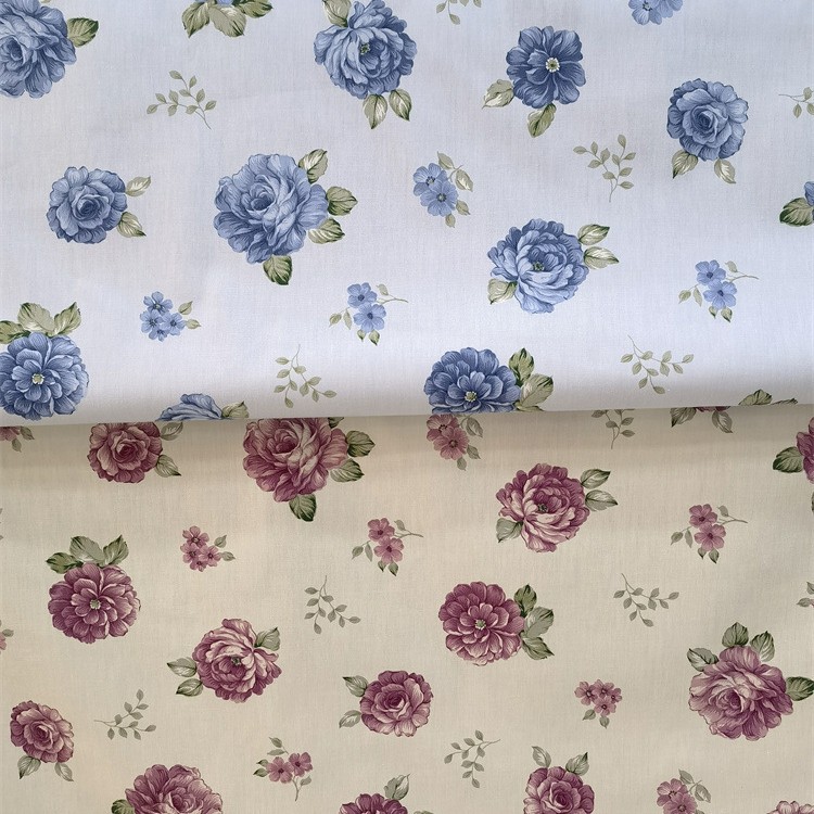 唯美大气牡丹玫瑰蓝色紫红色 纯棉斜纹布料床品家居服连衣裙面料