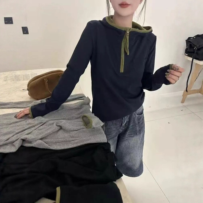 9103【双面德绒】美式撞色连帽半拉链上衣朵朵-不退换|undefined