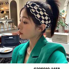 发带韩国头饰宽边针织弹力黑白棋格束发带复古个性网红发饰