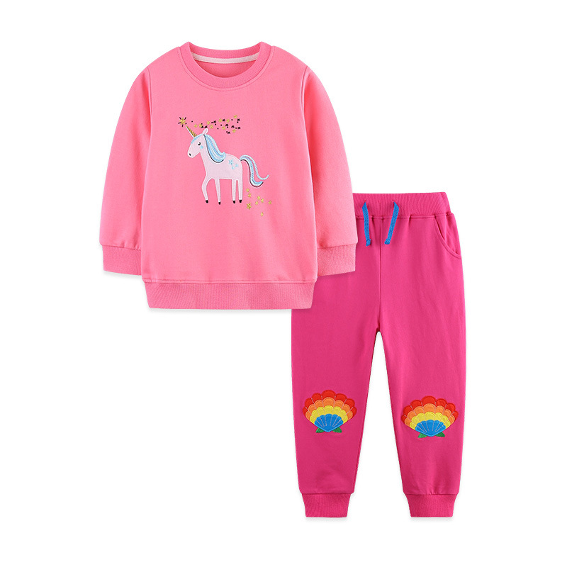 Venta directa de fábrica traje para niñas dibujos animados unicornio bordado parche cuello redondo suéter para niños moda niñas pantalones deportivos