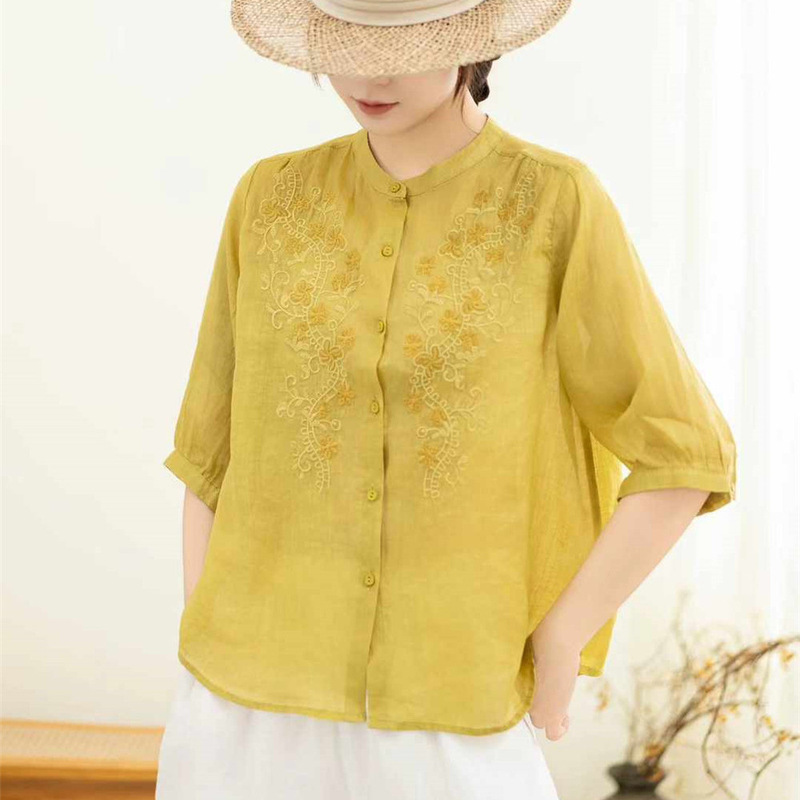 2025 Summer Ramie Ladder Embroidery Cardigan Solid Color Ramie Versatile Stitched Women's Shirt Cardigan