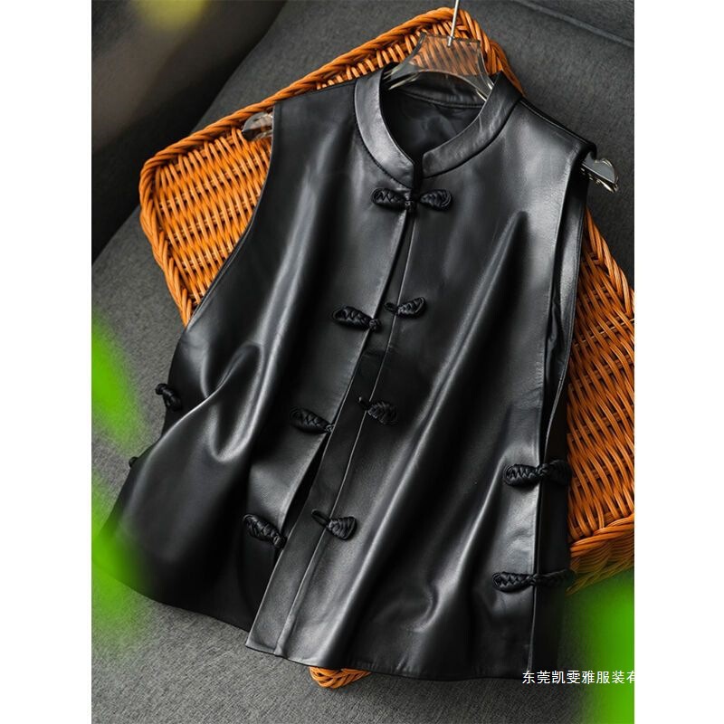 New Style Leather Jacket with Chinese-Style 2026 Buttoned Stand Collar, Haining China Women's Retro Sleeveless Vest Wool Coat