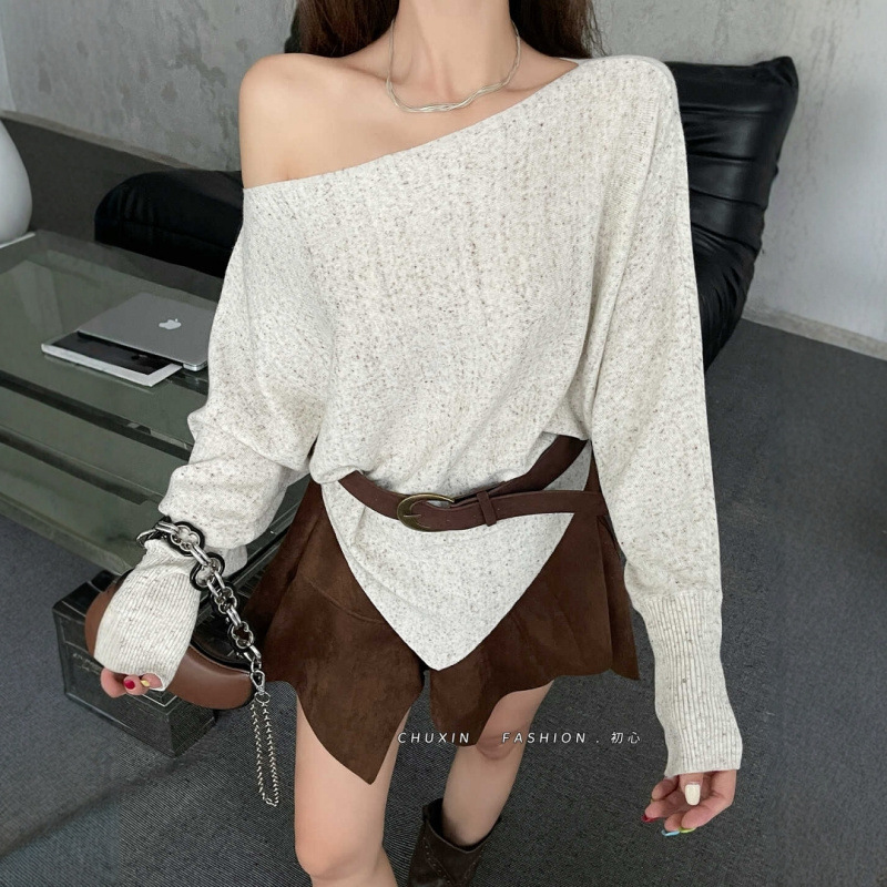 法式斜肩不规则针织衫女2025秋季新款宽松慵懒风显瘦上衣潮配腰带|undefined