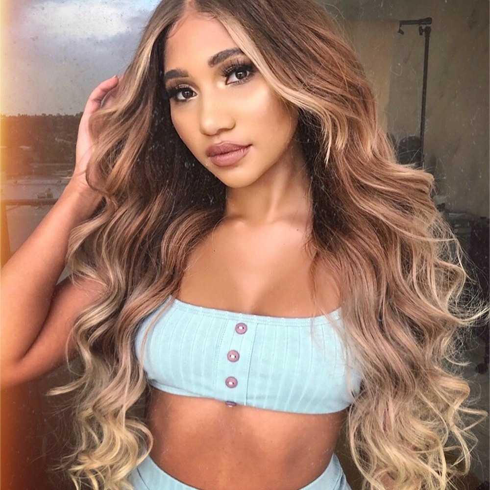 brown golden curly wig with hair parting