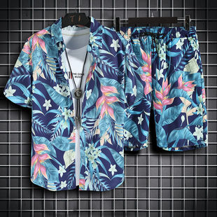 Beach shirt, set, retro shorts, men's trousers, plus size, with short sleeve