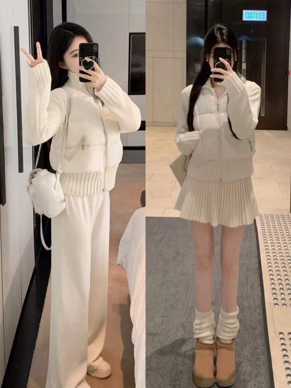 ハイバージョン Mengjia Cardig レディース ニット ダウン ジャケット バック刺繍ロゴ クリーム ラージ パフ ジャケット|undefined