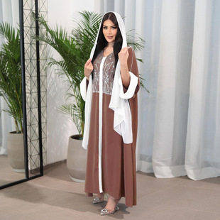 XQY500339 Cross-border Middle East Muslim Robe Satin Contrast Color Stitching Sequin Dress Without Turban
