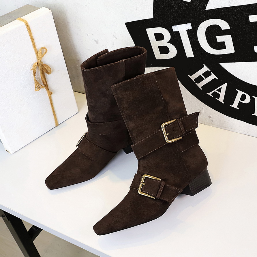 Retro Suede Ankle Boots For Women With Square Toe And Chunky Heel_voghion.com