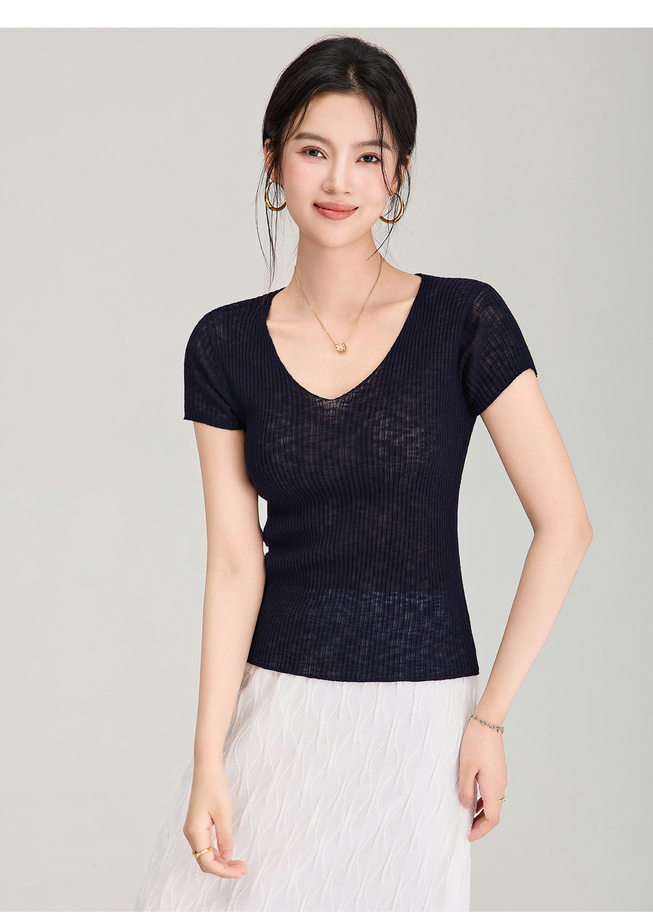 Áo thun ngắn tay nữ dệt kim sợi lanh siêu mịn dáng rộng mùa hè — màu xanh navy chi tiết 30