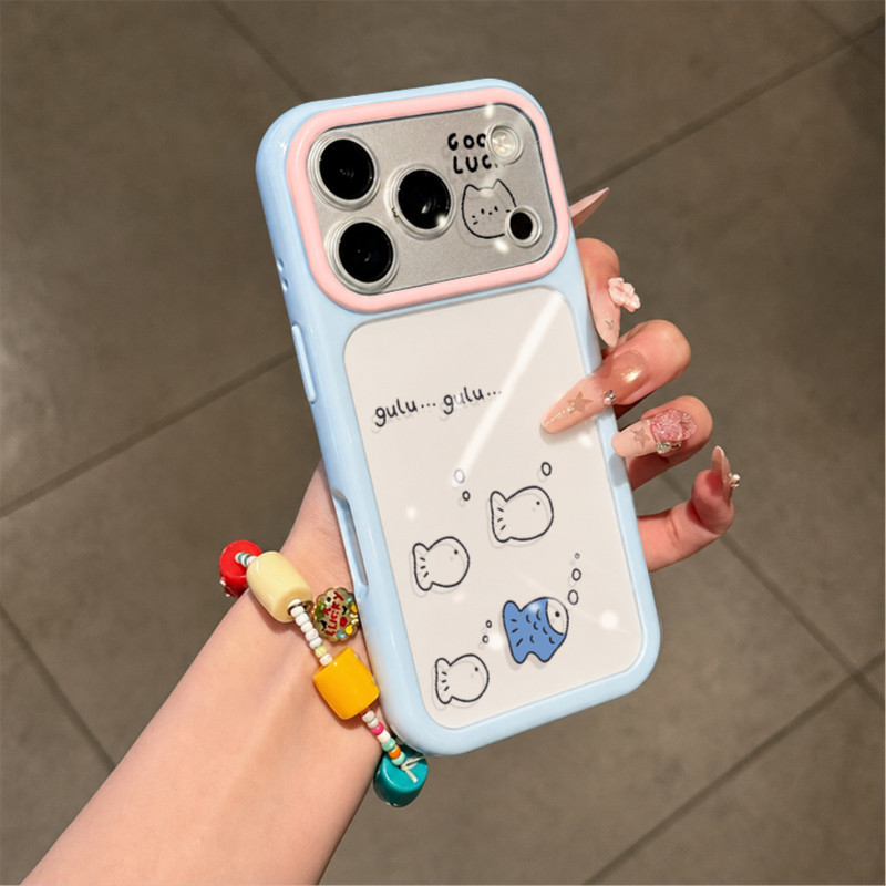 Two-tone hand-painted small fish bubble case suitable for Apple 17PROMAX, blue and pink simple iPhone18 protective case Two-tone hand-painted small fish bubble case suitable for Apple 17PROMAX, blue and pink simple iPhone18 protective case