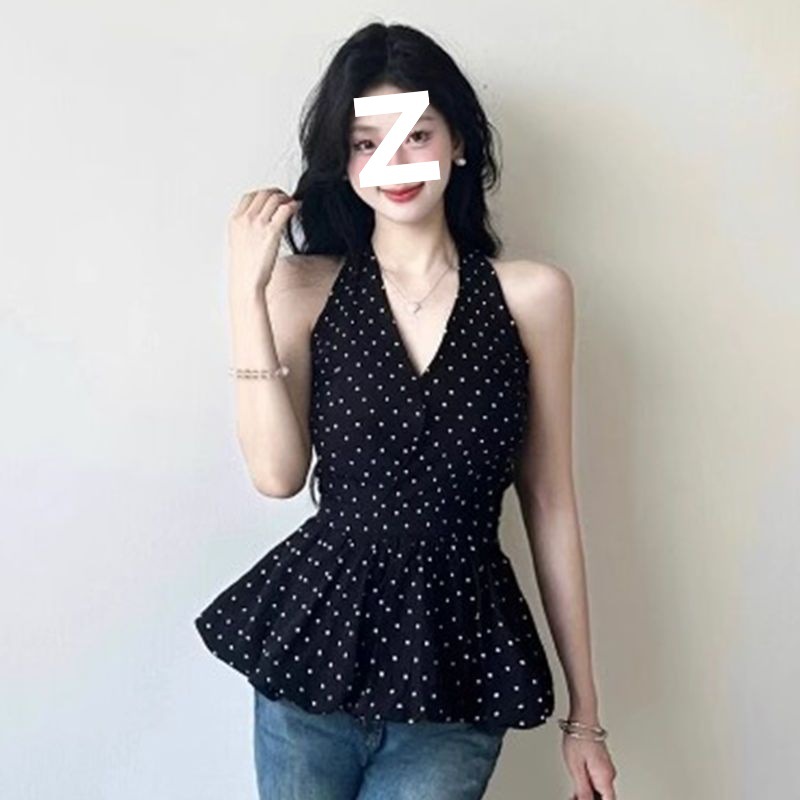 法式气质波点小众设计感裙摆无袖挂脖背心女夏季收腰显瘦衬衫上衣