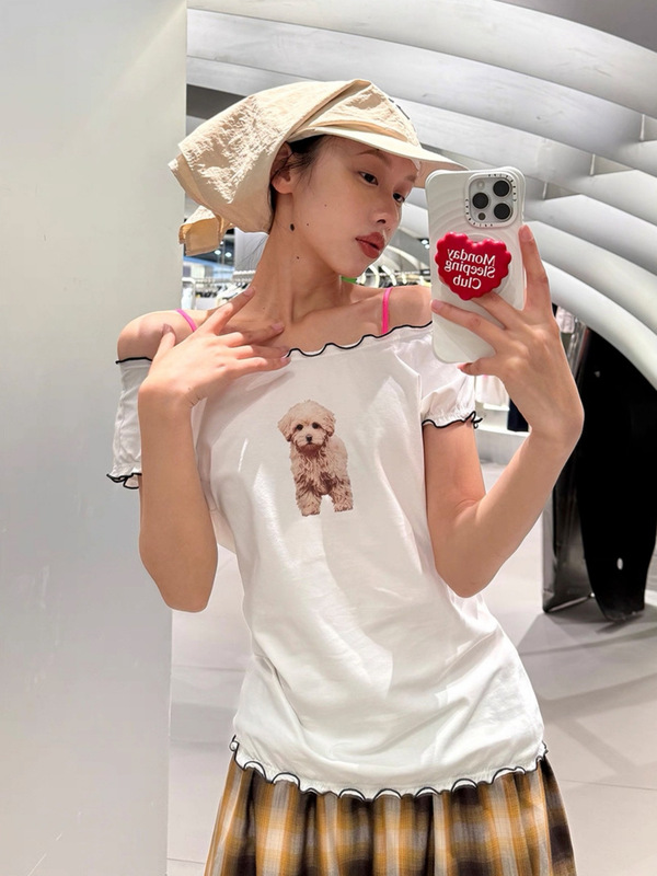 25SSYBオープン/ニッチデザインから始める 90% off ENG韓国風サマーリナ・ユナイ同風子犬プリントTシャツ|undefined