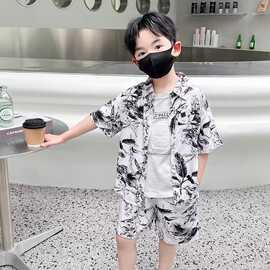 儿童花衬衫棉绸套装新款夏威夷度假柔软透气外穿男童绵绸沙滩夏装