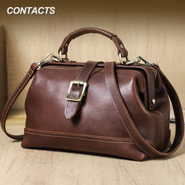 黑天使头层牛皮两用女士单肩斜挎包大容量带铁铰女款真皮手提包