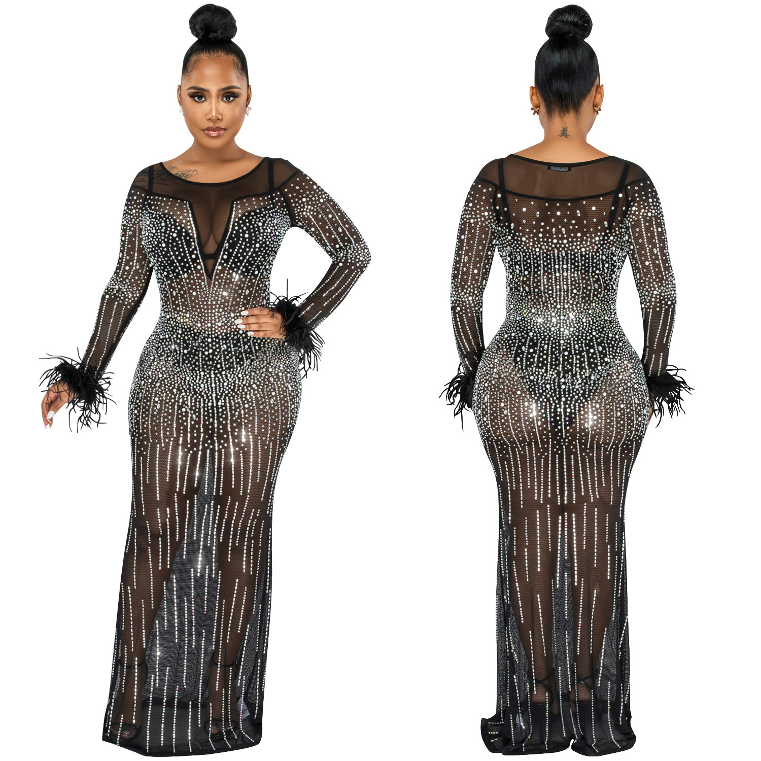 Hot Diamond Mesh See-Through Long-Sleeved Prom Dress NSXYZ110917