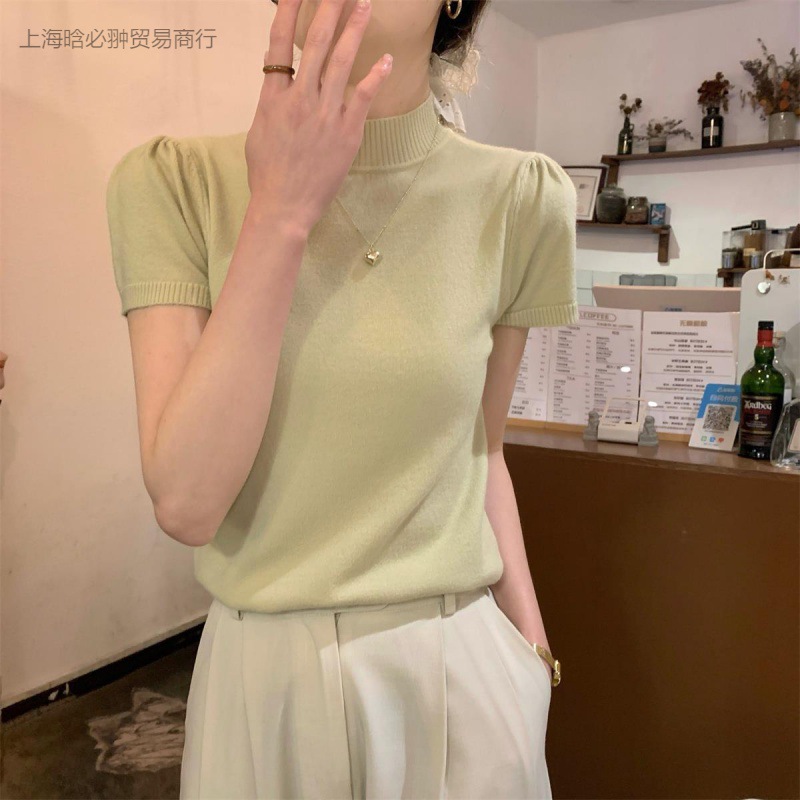 韩版半高领泡泡袖针织衫女夏季设计感气质温柔短款正肩糖果色上衣