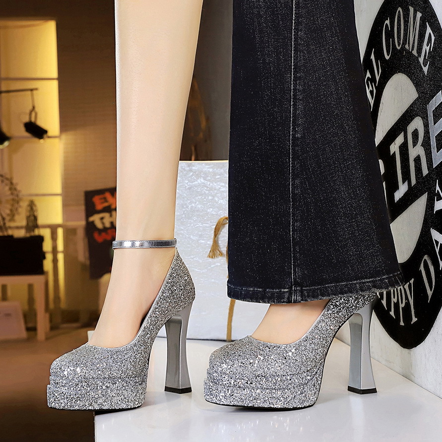 High-heeled Stiletto Pumps For Women With Sequined Round Toe_voghion.com