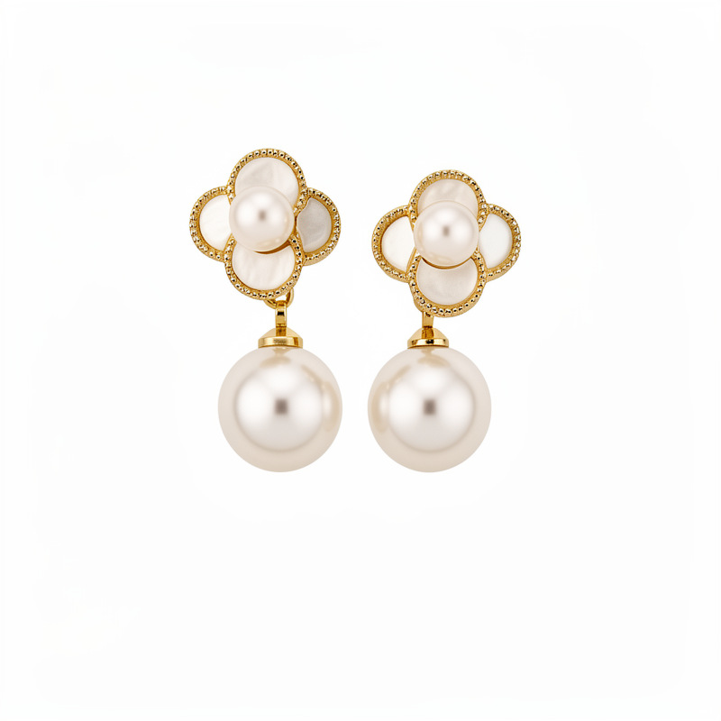 Agujas de plata galvanizadas de oro real de 18 quilates flor de frita perla pendientes de perla temperamento elegante pendientes lujosos de alta calidad pendientes para mujeres